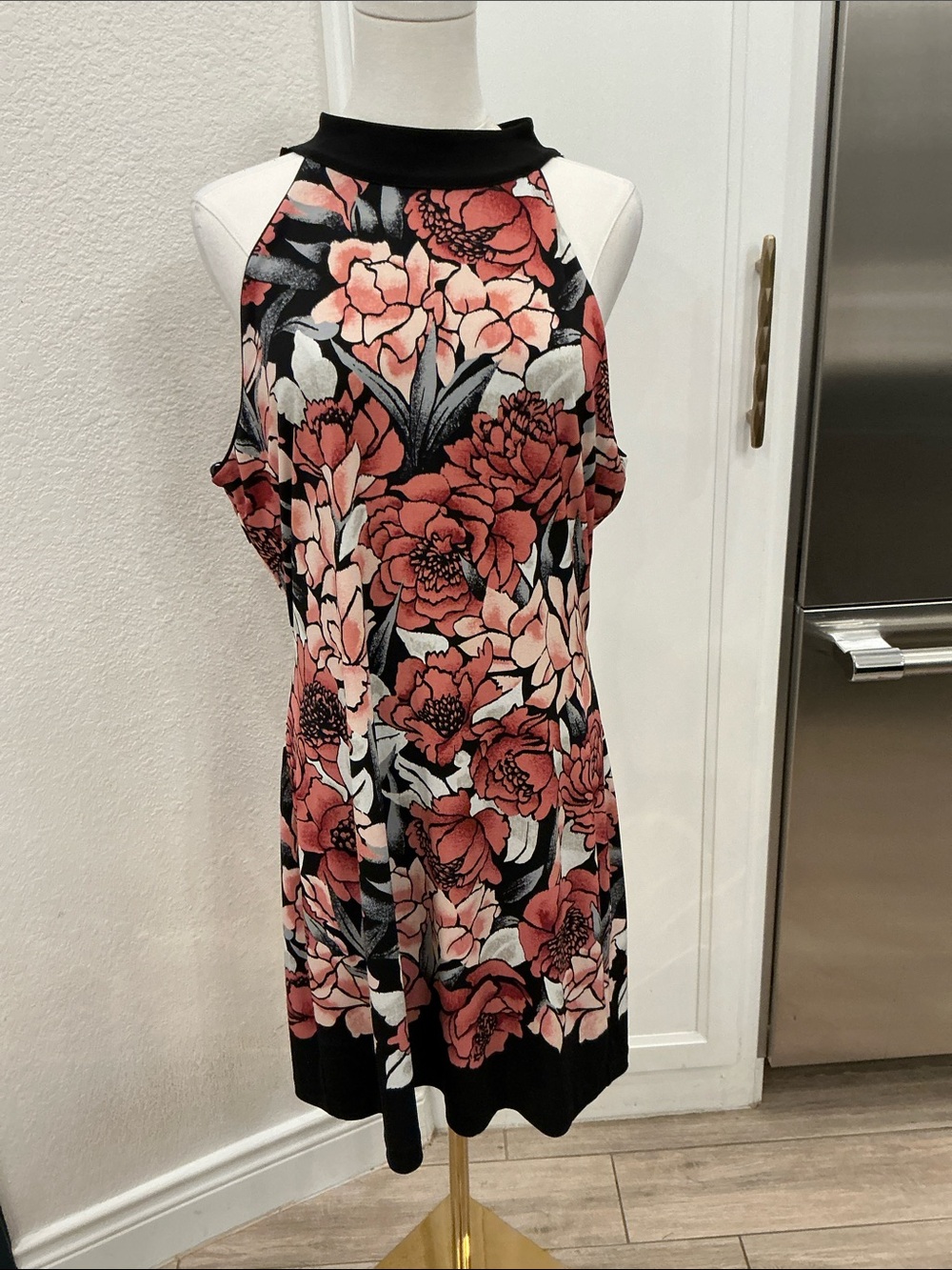 White House Black Market Reversible Floral / Black Halter Neck Dress